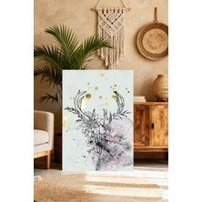 Mushen Studio Mushen Studıo Modern Bohem Geyik Figürlü Çiçek Desenli Kanvas Tablo - Altın Detaylı Duvar Dekoru