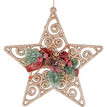 Yılbaşı Ağaç Süsü Yılbaşı Dekorlu Desenli Simli Yıldız 22 Cm.