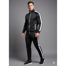 Wear Co Stıll Erkek Siyah Beyaz Şeritli Fermuarlı Slim Fit Eşofman Takımı - Spor ve Günlük Takım