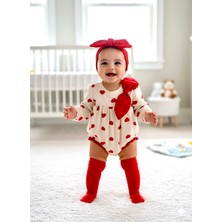 Beren Minicayzen %100 Pamuk Kalp Desenli Kız Bebek 3'lü Set Romper+Bandana+Çorap