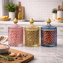 Hubart 3’lü Gold Detaylı Renkli Kapaklı Cam Baharatlık Kavanoz Seti – Şekerlik, Mumluk & Çerezlik