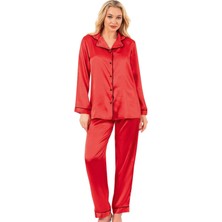 Ahu Biyeli Uzun Kol Saten Önden Düğmeli Pijama Takımı | Kırmızı 7647