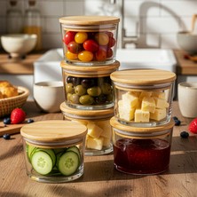 Snippy Feel - 6'lı Bambu Vakumlu Kapaklı Cam Kahvaltılık Çerezlik Saklama Kabı 220 ml