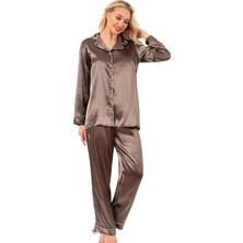 Ahu Biyeli Uzun Kol Saten Önden Düğmeli Pijama Takımı | Haki 7647