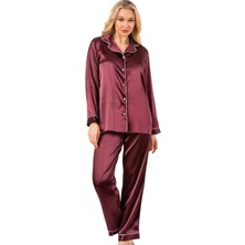Ahu Biyeli Uzun Kol Saten Önden Düğmeli Pijama Takımı | Mürdüm 7647