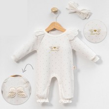 Bebeva Baby Yenidoğan Kız Bebek %100 Pamuklu Melek Kanadı Nakışlı Dantel Yakalı Şapkalı Tekli Tulum - Ekru