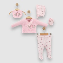 Bebeva Baby Yenidoğan Kız Bebek %100 Pamuklu Ahududu Nakışlı Kruvaze Zıbınlı 5'li Hastane Çıkış Seti - Pembe