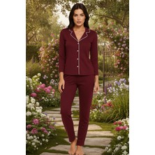 Kompedan Kadın Pamuklu Süprem Önden Düğmeli Biyeli Pijama Takımı | Bordo 127
