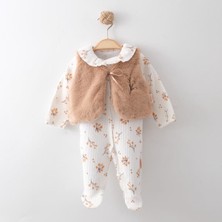 Bebeva Baby Yenidoğan Bebek %100 Pamuklu Peluş Yelekli Bebe Yakalı Çiçek Desenli Patikli Tulum Seti - Ekru/taba