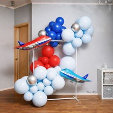 Meri Parti Uçak Temalı Balon Arka Fon Seti Kırmızı Mavi Konsept Doğum Günü Dekoru