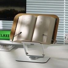 Eco Lounge Profesyonel Kitap Okuma Tutucu Ders Çalışma Sunum Standı Kaliteli Karbon Çelik ve Ahşap Malzeme 360 Derece Döner Yüksekliği ve Açısı Ayarlanabilir Tablet Tutucu Kullanım TM13 Açık Kahve