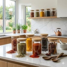 Eco Lounge Ahşap Kapaklı 6X10 cm Cam Kavanoz Seti | Hava Geçirmez Bambu Kapaklı Baharatlık | Mutfak Düzenleyici Erzak Saklama Kabı | Silindir Şeffaf Saklama Kutusu