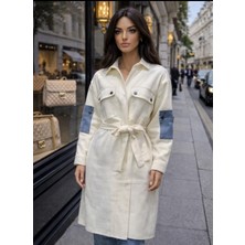 See More Kuşaklı Yüksek Kalite Denim Detaylı Uzun Ceket