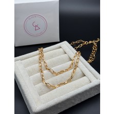 Alsem Kadın 14 Ayar Gold Renk Çift Sıralı Geçmeli Zincir Kolye , 40 cm Choker Zincir , Halat Zincir