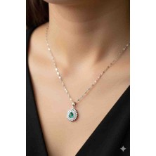 Stainless Steel Stainles Steel Kadın Gümüş Renk Yeşil Damla Taşlı Baget Zirkon Çerçeveli Çelik Kolye