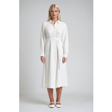 Lijuri Kuşaklı Düğmeli Gömlek Yaka Midi Elbise 2020