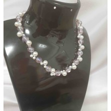 Shine Elagance Pembe Şeffaf Inci Aralarda Krem Inci ile Birlikte Kapamaları Gümüş Rengi Çelik El Yapımı Kadın Şık Kolye Sevgililer Günü Hediyesi