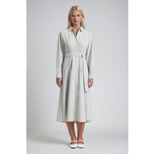 Lijuri Kuşaklı Düğmeli Gömlek Yaka Midi Elbise 2020