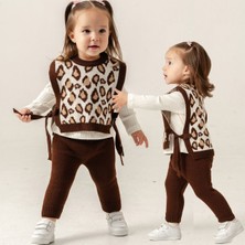 The Secret Desire Leopar Desenli Kız Çocuk 3’lü Triko Takım (Yelek + Bluz + Pantolon) 9 Ay