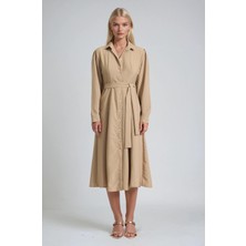 Lijuri Kuşaklı Düğmeli Gömlek Yaka Midi Elbise 2020