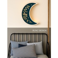 Runc Design Dekoratif Hilal Ay Gece Lambası - Yaprak Detaylı Ahşap Duvar Lambası - Çocuk Odası ve Yatak Odası Işıklı Tablo