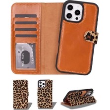 Pazarcan Iphone 16 Uyumlu, Hakiki Deri, El Yapımı, Cüzdanlı Kılıf, Leopar