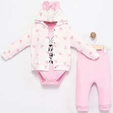 The Secret Desire Kalp Desenli Kapüşonlu Kız Bebek 3’lü Takım (Hırka + Body + Pantolon) 0-3 Ay