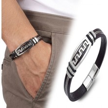 Neararsanbizde Meander Motifli Çelik Halatlı Deri Erkek Bileklik 33574B17D1