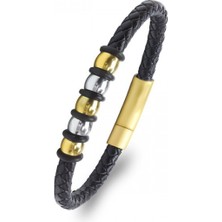 Neararsanbizde Orijinal Deri ve 316L Altın Tonlu Çelik Erkek Bileklik 33574B21D2