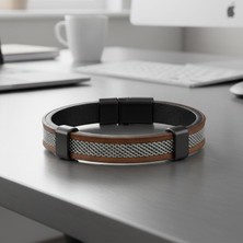 Vaoov Modern Çelik Örgü Detaylı Mıknatıslı Kahverengi Deri Erkek Bileklik