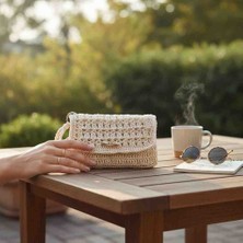 Creatif La Femme Krem Rengi Kağıt Ip Clutch El Örgüsü Çanta