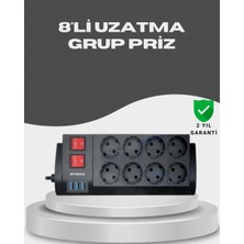 Ayena Moda Akım Korumalı 8’li Priz 3 Usb’li Uzatma Kablosu Isıya Dayanıklı 2 Metre