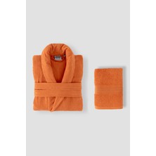 Ellaline Çizgili Bornoz Takımı %100 Pamuk Sertifikalı 2 Parça, Şalyaka Bornoz ve Kafa Havlusu Takımı Turuncu