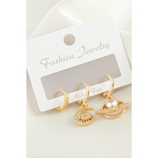 Ayena Moda 3 Adet Hilal Yıldız Zirkon Taşlı Küpe