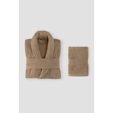 Ellaline Çizgili Bornoz Takımı %100 Pamuk Sertifikalı, Şalyaka 2 Parça Bornoz Kafa Havlusu Bej Renk