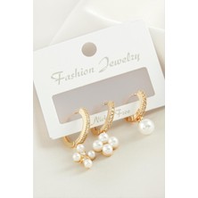 Ayena Moda 3 Adet Çiçek Inci Zirkon Taşlı Küpe