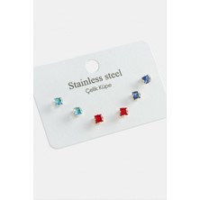 Ayena Moda 6 Adet Kare Zirkon Tek Taşlı Çelik Küpe