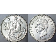 Banknoting Yunanistan 20 Drahmi 1960 Gümüş. Kral Paulos Dönemi. Ay Tanrısı Selene Temalı. 7,5 gr Çil.