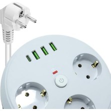 Güncelçarşı Akım Korumalı 3'lü Anahtarlı Grup Priz, 2500W, 1.5 Metre Makaralı Kablolu 3x USB - 1x Type-C Girişli, Üçlü Usb'li Priz, Çocuk Korumalı, Kısa Devre Korumalı