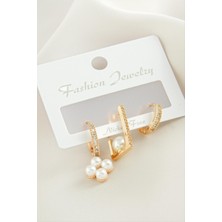 Ayena Moda 3 Adet Çiçek Inci Zirkon Taşlı Küpe