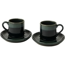 2'lı Seramik Kahve Fincan Takımı | Koyu Yeşil Parlak Sırlı Espresso & Türk Kahvesi Fincanı | Kulplu Tabaklı Servis Seti | Ofis ve Ev Kullanımına Uygun