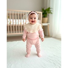 Beren Kız Bebek Fisto Dantel Yakalı Pembe Takım - %100 Pamuklu Sweatshirt ve Aşt Eşofman Seti