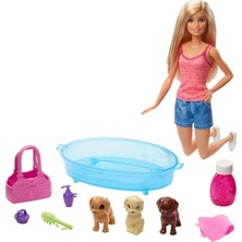 Barbie Bebek ve Aksesuarları - 3 Yavru Köpekli Oyun Seti, Hayvancıklar Için Küvet ve Aksesuarlar Gdj