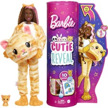 Barbie Orjinal Cutie Reveal HHG18, Tatlı Kedicik Peluş Kostümlü Bebek ve Evcil Hayvan Sarı