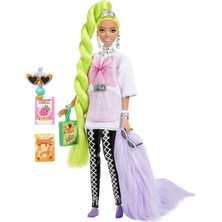 Barbie Extra - Neon Saçlı Bebek, Büyük Beden Tişörtlü ve Taytlı, Neon Yeşil Renk Çok Uzun Saçlı, Bük