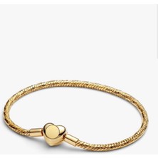 Poseidons Jewellery Gold Renk Kalp Klipsli Kesme Yüzeyli Yılan Zincirli Bileklik