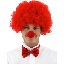 Najmaddin Kırmızı Renk Kıvırcık Afro Bonus Peruk Takma Saç ve Kırmızı Burun Seti