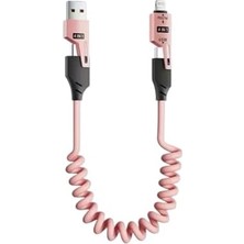 4in1 Spiral Şarj Kablosu 65W Hızlı Şarj - Usb-A Type-C Lightning Çoklu Kablo - Esnek Yay Tasarım - Premium Kalite Çok Fonksiyonlu Data Kablosu (Pembe)