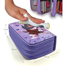 Kalem Kutusu Gitarlı Kız Müzik Kawai Organizer Kalemkutu Vegan Deri Üç Bölmeli Kalemlik -Mor