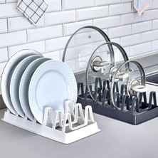 6 Bölmeli Dikey Tabak Standı, Mutfak Dolabı ve Tezgah Düzenleyici, Plastik Tabaklık Organizer, Beyaz/gri